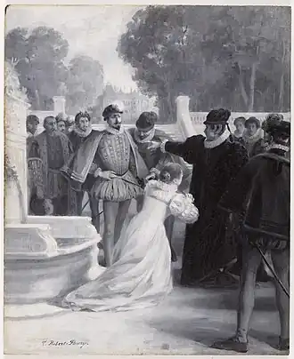 Amy Robsart au pied de la reine, peinture de Tony Robert-Fleury, vers 1890-1891, maison de Victor Hugo.