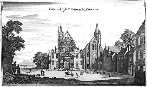 L'église abbatiale jouxtant celle de Saint-Étienne, gravure du XVIIe&nbsp;siècle, bibliothèque Carnegie (Reims).
