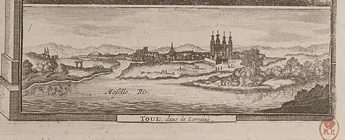 Vue d'artiste extraite d'une carte de la BNF - Toul vue du sud - En haut à gauche l'abbaye de Saint-Èvre(vers 1700).