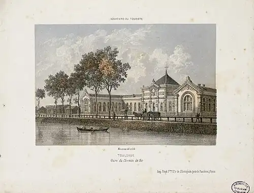 Le canal du Midi et l'ancienne gare (lithographie par Charles Mercereau, deuxième moitié du XIXe&nbsp;siècle).