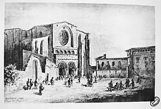 Basilique Saint-Sernin et collège Saint-Raymond reliés par l'arc du Peyrou en 1760. Dessin de Pierre Joseph Wallaert.