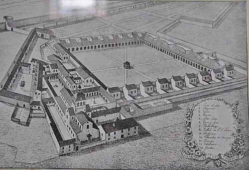 Gravure du monastère et de son cloître en 1687 (présentée dans l'atrium)