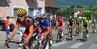 Photographie d'un peloton de coureurs cyclistes, un spectateur étant visible sur la gauche de l'image.
