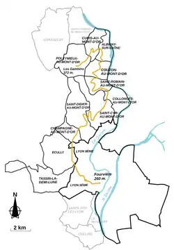 Parcours schématique de l’aqueduc des Monts d’Or