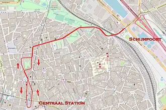 La ligne, entre Schijnpoort (au nord) et Centraal Station (au sud), du 1er juillet au 4 août 2019.