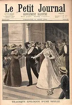 Photographie de la une d'un journal, avec une illustration représentant un groupe de personnes à la sortie d'un mariage.