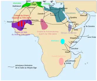 carte de l'Afrique avec des zones colorées. L'une couvre la côte nord du continent ; une autre couvre le nord-est du continent, à cheval sur le nord de la péninsule arabique ; une troisième partant de la côte ouest au nord du golfe de Guinée, s’étend vers l'intérieur ; une quatrième est centrée au milieu du continent, un peu au nord de l'équateur ; une cinquième est centrée à l'est du continent, légèrement au sud de l'équateur ; la dernière se situe à l'ouest de la carte, à la hauteur de l'île de Madagascar
