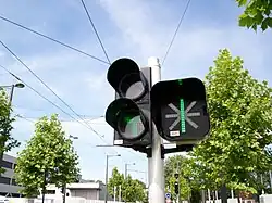 Un signal bicolore « T » (à gauche) et un indicateur de position d'aiguille (à droite).