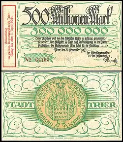 Billet de 500 millions de Mark à Trèves en 1923.
