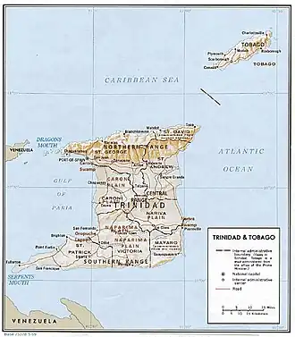 Carte de Trinité-et-Tobago avec la cordillère Septentrionale dans le nord de l'île principale.