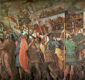 Triomphes de César, première toile : trompettistes et porteurs d'insignes.