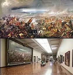 Montage de deux images : en haut, une peinture en couleurs ; en bas, une photographie en couleurs. L'image du haut est le tableau Batalha do Avaí en entier ; l'image du bas montre le même tableau accroché à un mur dans la galerie d'un musée, devant une poignée de spectateurs.