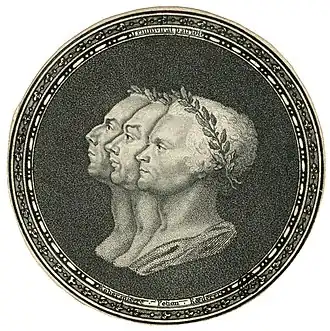 « Triumvirat patriote » : Robespierre, Pétion et Roederer portraiturés à l'antique, le front ceint de lauriers. Estampe anonyme, vers 1791, BnF.