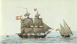 Trois-mâts danois et pinque espagnole, par Antoine Roux.