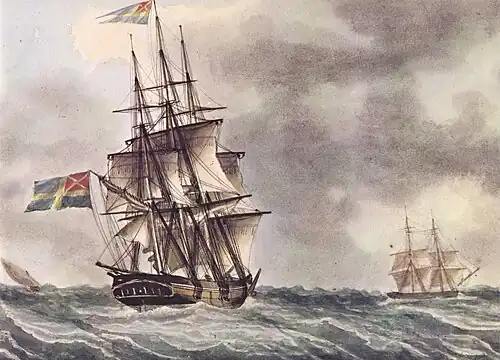 Navire suédois à trois mâts en mer grosse.