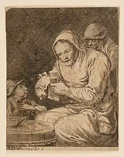 Trois gueux au cabaret, Jacques Dassonville, gravure à l'eau-forte, dim.90x72mm, musée des Beaux-Arts de Nancy.