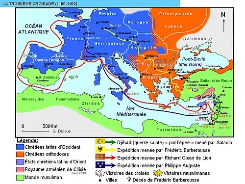 Carte des trajets empruntés par les Croisés de la troisième croisade.