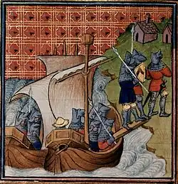 Enluminure médiévale représentant des soldats en armure descendant de deux navires en direction de deux maisons au sommet d'une colline.