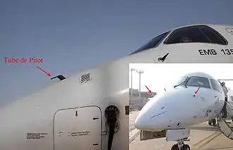 Tube de Pitot sur le nez d'un Embraer ERJ 135