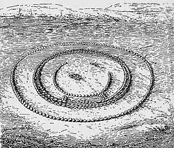 Illustration en noir et blanc d'un site préhistorique en cercle.