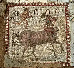 Détail de la Mosaïque des chevaux de Carthage, IVe&nbsp;siècle ou Ve&nbsp;siècle, parc archéologique des villas romaines de Carthage, Tunisie.
