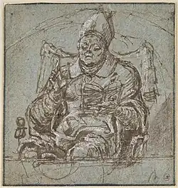 Cosme Tura (1430–1495). Évêque assis, lisant. Lavis brun, rehauts de blanc. H. 9 cm. Musée Bonnat-Helleu