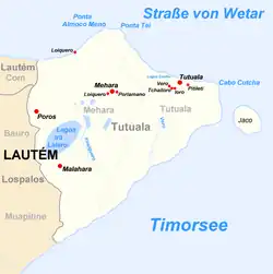 Carte de la région de Tutuala (district de Lautém, Timor oriental) dans le sud-est de laquelle se situe la grotte de Jerimalai. Celle-ci se trouve à l'extrémité est du pays.
