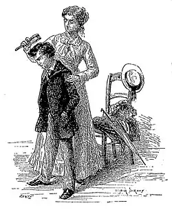 Crayon, femme coiffant un garçon à l'air contraint. Sur une chaise, canotier, parapluie, la panoplie du jeune élégant.