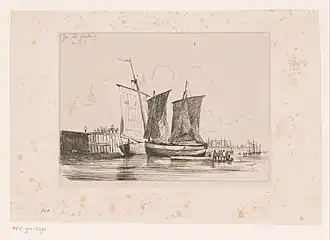 Deux voiliers le long du quai (1840-1849).
