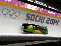 Vue d'un bobsleigh à deux dans une descente, la piste étant décorée des anneaux olympiques et du texte : Sotchi 2014.
