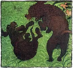 Tableau carré avec deux chiens bruns vus de dessus, folâtrant sur un fond vert avec deux fleurs roses dans le coin supérieur droit.