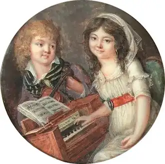 Deux enfants jouant de la musique, vers 1790-1798, miniature, gouache sur ivoire, diamètre 7,4&nbsp;cm (localisation inconnue)