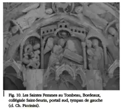 Il s'agit de l'épisode des Femmes au Tombeau, qui est une iconographie habituellement remplacée par une scène de la vie de la Vierge.