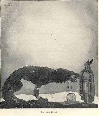 Týr sacrifia sa main dans la gueule de Fenrir, illustration de John Bauer (1911).