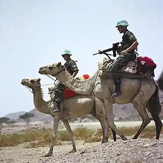 Deux soldats de l'Organisation des Nations Unies sur des chameaux dans un désert.
