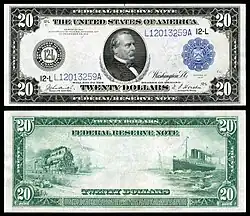 Avers et revers d'un billet de 20 dollars américains, type 1914, sceau bleu