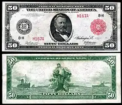 Avers et revers d'un billet de 50 dollars américains, type 1914, sceau rouge