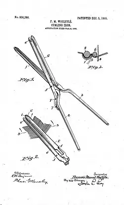 Illustration du brevet de 1905 du fer à onduler par Marcel Grateau (surnommé François Marcel ou Marcel Curl), inventeur de la technique dans les années 1870