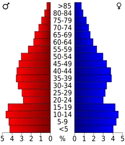 Schéma représentant la population du comté, par tranche d'âge. En rouge, à gauche, les femmes, en bleu à droite, les hommes.