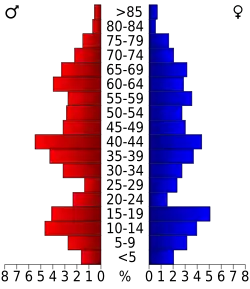 Schéma représentant la population du comté, par tranche d'âge. En rouge, à gauche, les femmes, en bleu à droite, les hommes.