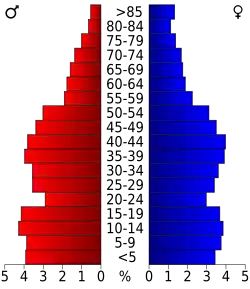 Schéma représentant la population du comté, par tranche d'âge. En rouge, à gauche, les femmes, en bleu à droite, les hommes.