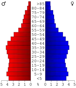 Schéma représentant la population du comté, par tranche d'âge. En rouge, à gauche, les femmes, en bleu à droite, les hommes.