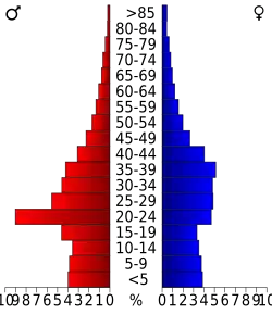 Schéma représentant la population du comté, par tranche d'âge. En rouge, à gauche, les femmes, en bleu à droite, les hommes.Pyramide des âges du comté de Coryell (2000).
