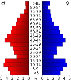 Schéma représentant la population du comté, par tranche d'âge. En rouge, à gauche, les femmes, en bleu à droite, les hommes.