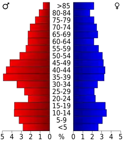 Schéma représentant la population du comté, par tranche d'âge. En rouge, à gauche, les femmes, en bleu à droite, les hommes.