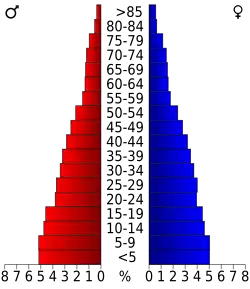 Schéma représentant la population du comté, par tranche d'âge. En rouge, à gauche, les femmes, en bleu à droite, les hommes.