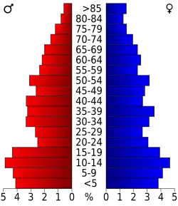 Schéma représentant la population du comté, par tranche d'âge. En rouge, à gauche, les femmes, en bleu à droite, les hommes.