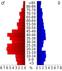 Schéma représentant la population du comté, par tranche d'âge. En rouge, à gauche, les femmes, en bleu à droite, les hommes.