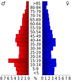 Schéma représentant la population du comté, par tranche d'âge. En rouge, à gauche, les femmes, en bleu à droite, les hommes.