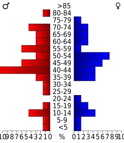 Schéma représentant la population du comté, par tranche d'âge. En rouge, à gauche, les femmes, en bleu à droite, les hommes.